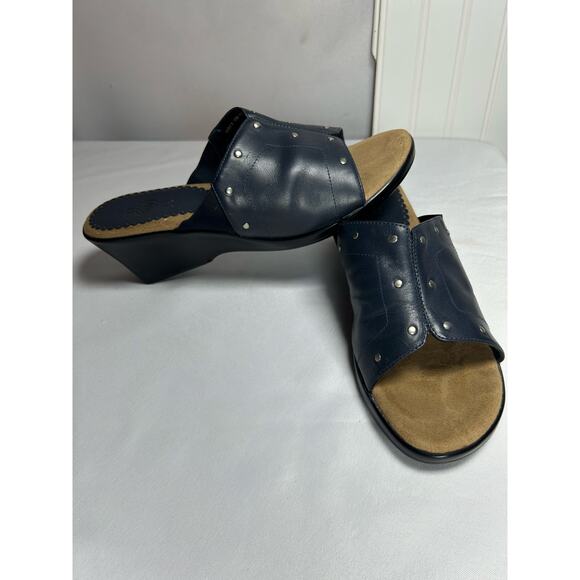 Duck Head navy blue Leather Wedge Heel Slip On Mules Open Toe Shoes Womens Sz 10 - Picture 2 of 8